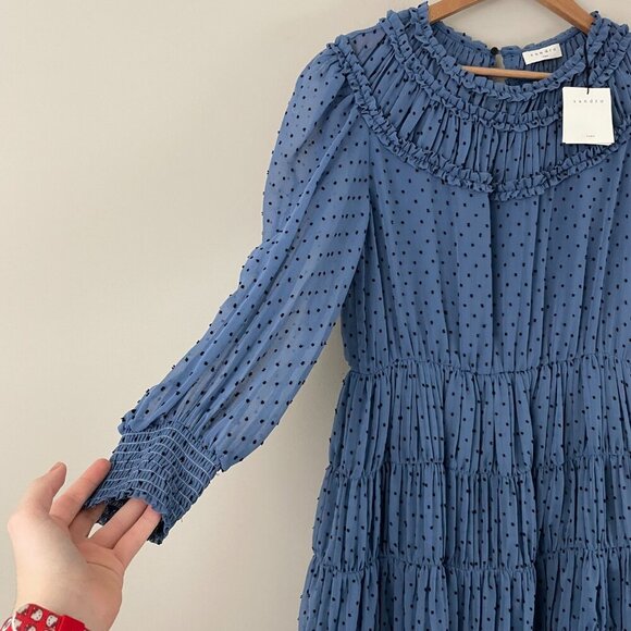 Sandro Gwen Blue Swiss Dot Tiered Ruffle Mini Dress Size 40 (US 8) - Picture 7 of 7